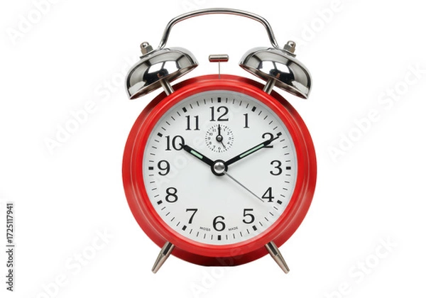 Fototapeta Isolated red alarm clock showing the time, antique style timepiece for morning wake-up calls
