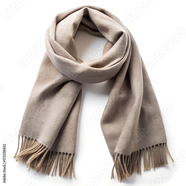 Fototapeta A warm, neutral beige scarf with fringe isolated on a white background