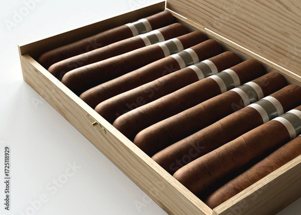 Fototapeta Wooden Box of Generic Unbranded Cigars on White Background
