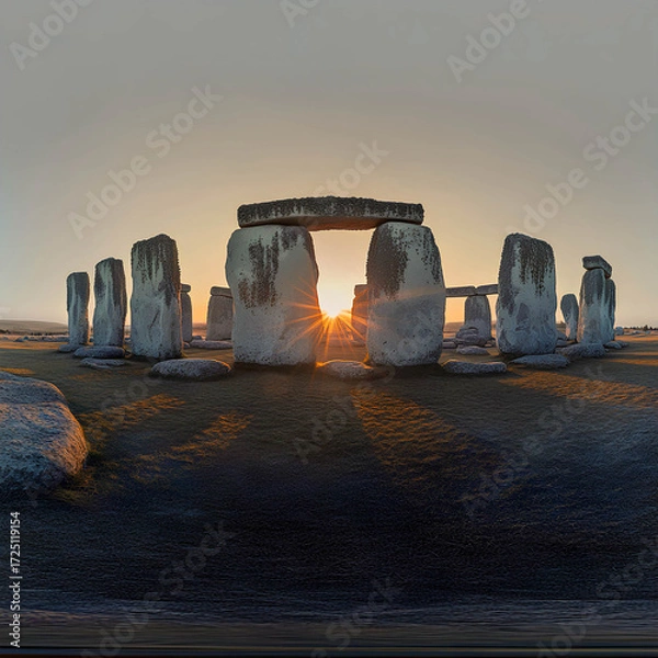 Fototapeta Sunrise casts ethereal light over ancient Stonehenge as shadows stretch across the ground in a serene landscape of historical significance