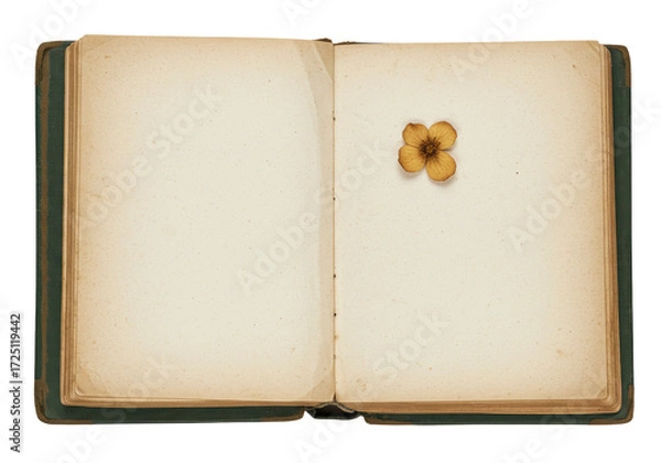 Fototapeta Isolated open antique book with pressed dried flower, aged book journal with blank pages
