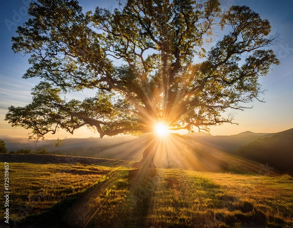 Fototapeta Sunlight Streaming Through a Lone Tree in a Serene Field at Sunrise