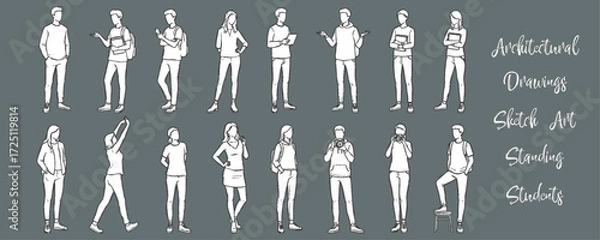 Fototapeta Architectural Drawings Sketch Art Standing Students with different pose vector illustration,  front view, human person Minimal style hand drawn. Sections, Elevations, Floor Plans