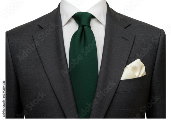 Fototapeta Isolated formal dark gray suit with a green knit tie and pocket square, stylish and elegant