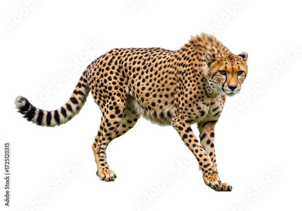 Fototapeta Isolated cheetah walking forward looking at camera, beautiful animal in natural light
