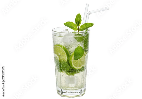Fototapeta Isolated mojito drink with limes, mint, ice, and a straw, refreshing summer beverage