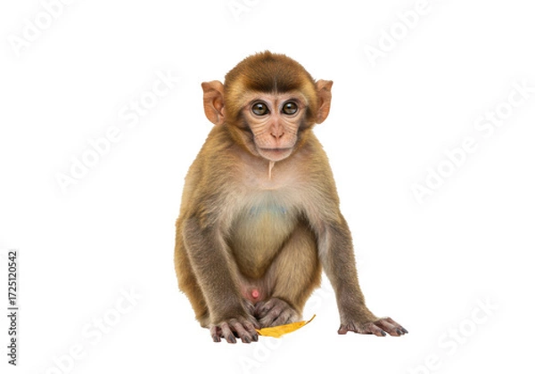 Fototapeta Isolated young Macaque monkey sitting still with a small yellow leaf in front of its paws