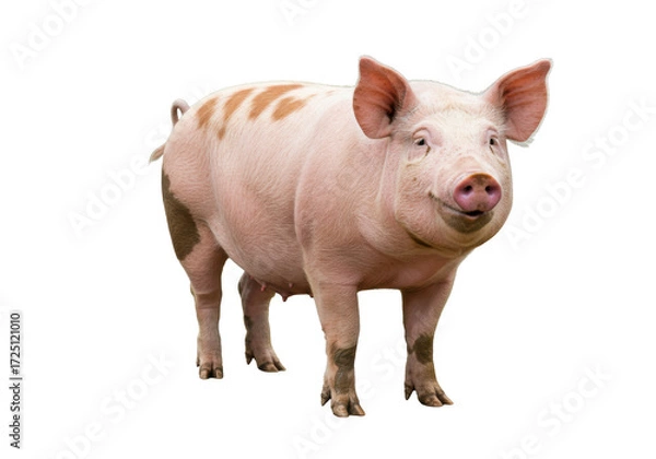 Fototapeta Isolated pink pig standing, with brown spots on body, raised ears, looking at camera