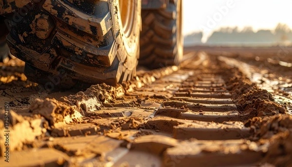 Fototapeta Close-up of muddy tire treads on a freshly tilled, reddish-brown field at sunset