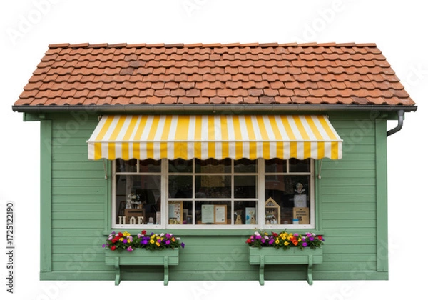 Fototapeta Isolated shop with yellow awning and flower boxes attached to the shop window outside