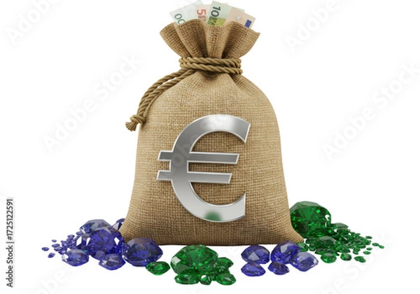 Fototapeta Isolated bag of euros with currency notes and precious gemstones, wealth and cash concept