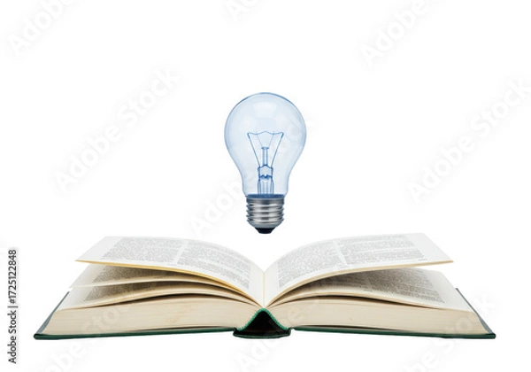 Fototapeta Isolated lightbulb and open book for imagination, inspiration, knowledge and reading