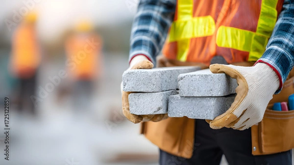 Fototapeta A construction worker holding bricks, embodying the strength of building and industry
