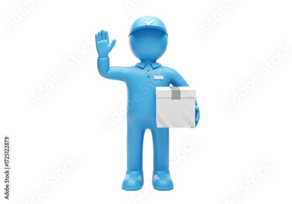 Fototapeta Isolated delivery person waving with package - illustration of a delivery man waving, front view