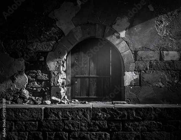 Fototapeta Dark arched doorway in aged stone wall