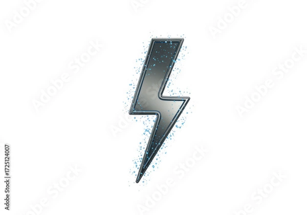 Fototapeta Isolated shiny metallic silver lightning bolt symbol with glowing outlines & water particles