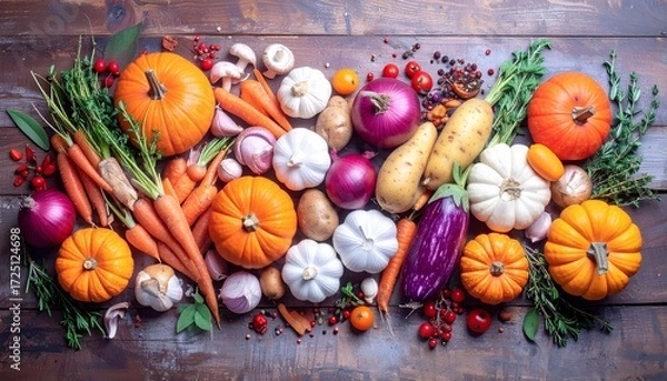 Obraz 秋の野菜、かぼちゃとにんじん、木のテーブルの食材、収穫の恵み、オーガニック野菜、ヘルシーな食材、カラフルな根菜、季節の料理素材、ナチュラルライフスタイル、秋の料理背景、野菜の盛り合わせ、スパイスとハーブ、家庭菜園の収穫、秋のベジタブルアート、自然な食卓の風景
