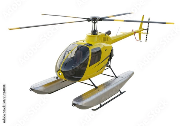 Fototapeta Isolated Yellow Floatplane Helicopter, Water Landing, Ready to Fly, Above Ground, Close Up
