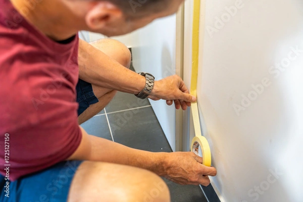 Fototapeta Man applying masking tape to baseboards while preparing walls for white paint. Home renovation, precision work and interior improvement during DIY construction