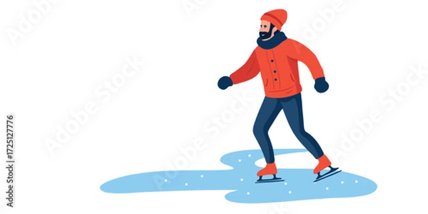 Fototapeta Vector illustration man ice skating alone on frozen lake