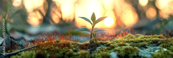 Obraz young green sprout of new tree growing in forest in spring close up
