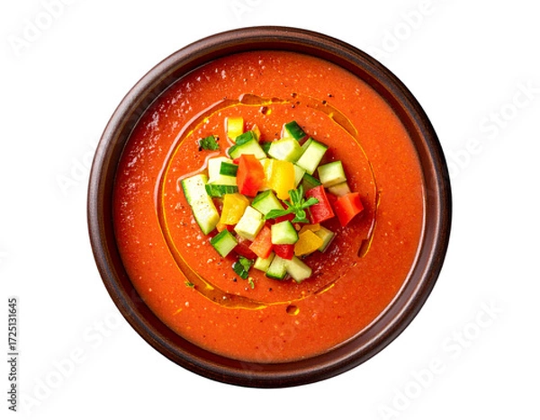 Obraz Traditional Spanish Gazpacho in Rustic Clay Bowl with Fresh Garnishes
