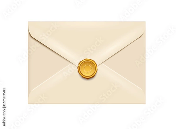 Fototapeta Beige realistic paper closed vintage envelope with round golden wax seal stamp