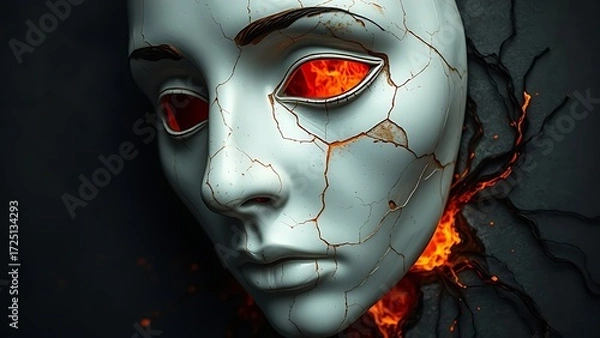 Obraz A porcelain mask with cracks revealing molten lava, representing suppressed emotions in aging women.