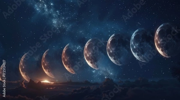 Obraz a total serie of moon fases in a sky full of stars