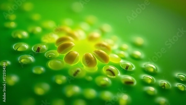 Obraz Glowing seeds suspended in vibrant green liquid, embodying natural healing and vitality.