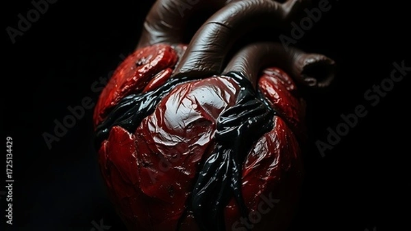 Obraz Abstract sculpture of a human heart with dark material seeping from within.