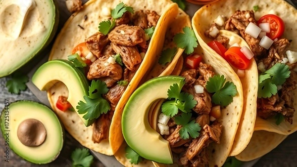 Obraz A vibrant display of Mexican street tacos with fresh ingredients, captured from an overhead angle.