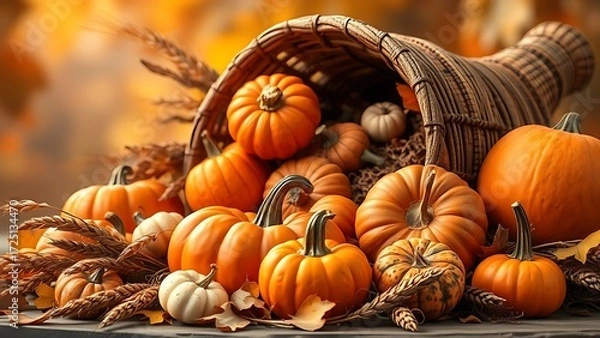 Obraz Cornucopia overflowing with pumpkins, gourds, and wheat stalks, embodying an elegant harvest theme.