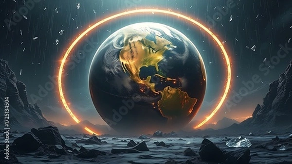 Obraz Prehistoric Earth wrapped in luminous rings with diamond shards raining onto cratered terrain.