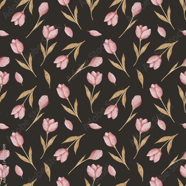 Fototapeta Watercolor seamless pattern with flowers in pastel pink  colors, isolated on dark background. Perfect for wrapping paper, posters, kids room decor, invitations and textile designs.