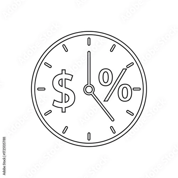 Fototapeta Clock with dollar and percent icon, representing time and money, great for financial icons, icon sets and branding