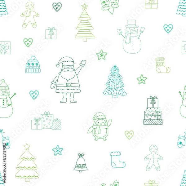 Fototapeta Christmas seamless pattern with cartoon characters and decorations. Vector illustration