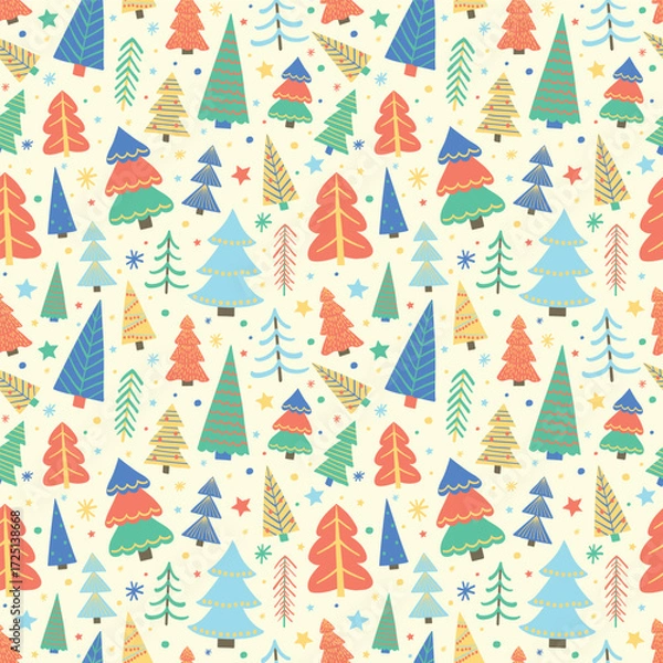 Fototapeta Christmas seamless pattern with cute cartoon trees and snowflakes. Wallpaper design. Vector illustration