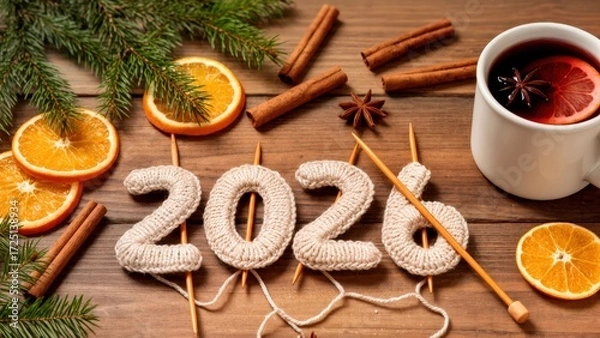 Fototapeta Rustic Wooden Table with Knitted New Year 2026 and Holiday Atmosphere