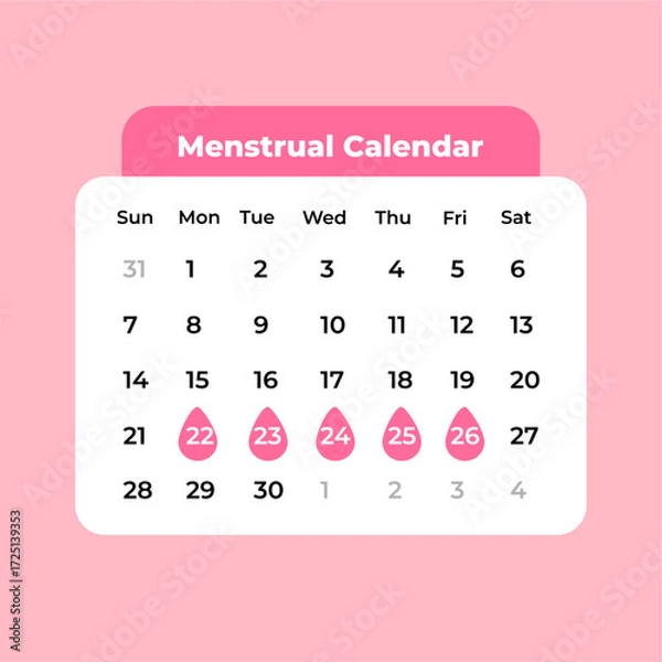 Fototapeta Monthly menstrual calendar with drop icons to track period days and manage cycles, flat art design style.
