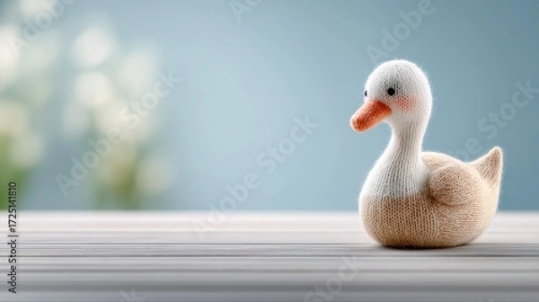 Fototapeta Knitted duck toy with orange beak sitting on wooden surface against soft blue background