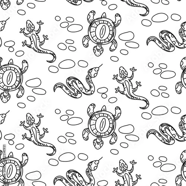 Fototapeta Desert animals pattern in doodle style. Lizard, snake, turtle top view on a background of rocks. Seamless texture graphics for fabric. Black drawing on white, graphics