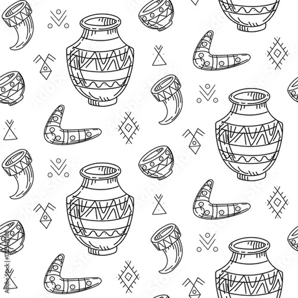 Fototapeta pattern of Native American objects in doodle. An earthenware jug and bowl, drinking horn, boomerang. Tableware with symbols, elements writing. Seamless texture. theme of nomadic life. American Indians