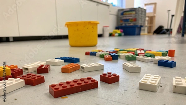 Fototapeta Colorful Bricks Scattered on the Floor A Playful Mess of Creativity