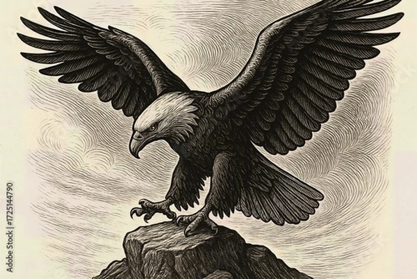Obraz Bald Eagle Landing on Crag in Vintage Engraving