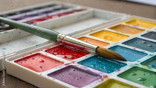 Fototapeta Colorful Watercolor Palette with Brush - Artistic Expression