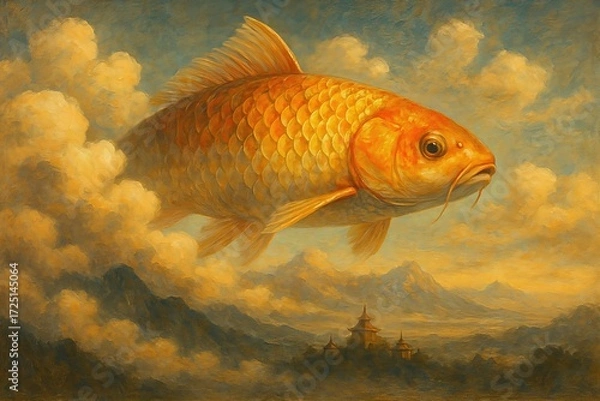 Fototapeta Golden Koi Floating Above Misty Mountain Valley