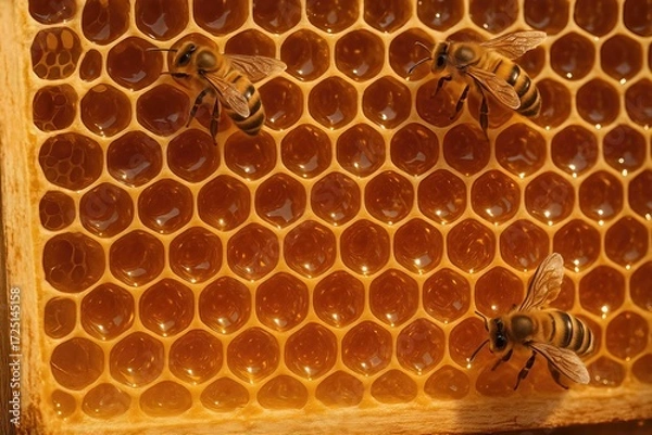 Obraz Honey Bees on Golden Honeycomb Macro Texture