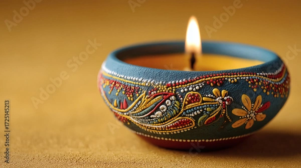 Fototapeta Warm decorative candle glows with intricate patterns casting a serene ambiance on a textured surface