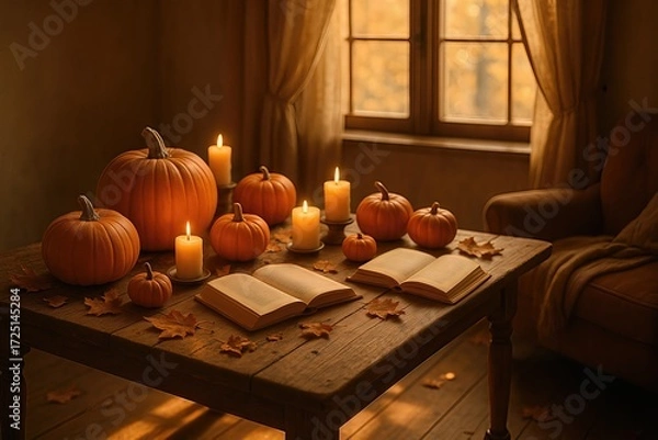 Obraz Cozy Autumn Reading Nook with Pumpkins and Candles